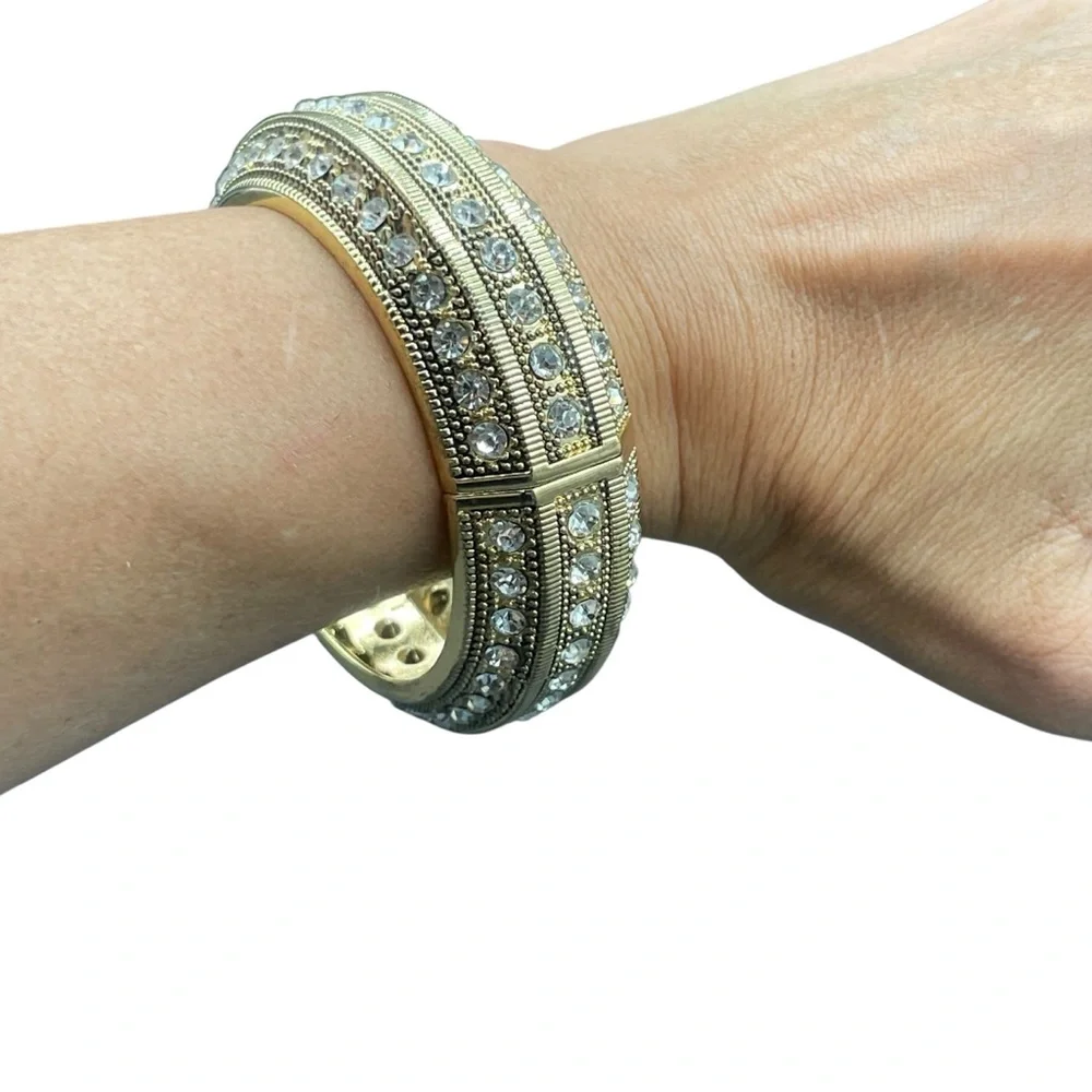Elegant Gold and Crystal Thick Hinged Bangle Bracelet - Picture 2 of 4